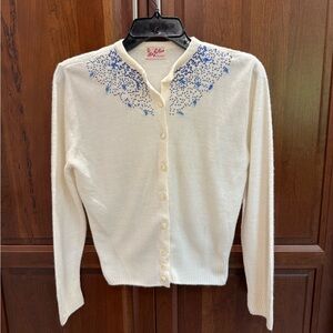 Vintage Miss John Women's White Cardigan with Blue Beading